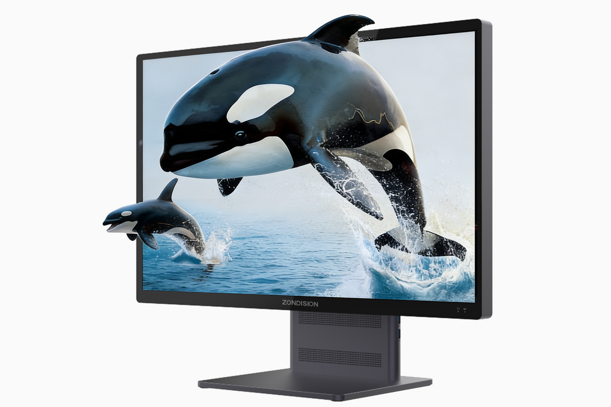 ZIMO M1 glasses-free 3D monitor displaying a light field 3D image of an orca breaching the water
