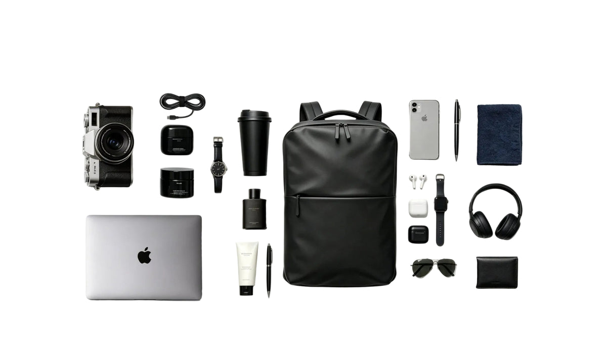 Flat lay of the Zondision travel backpack packed with a 17.3-inch laptop, camera and daily essentials