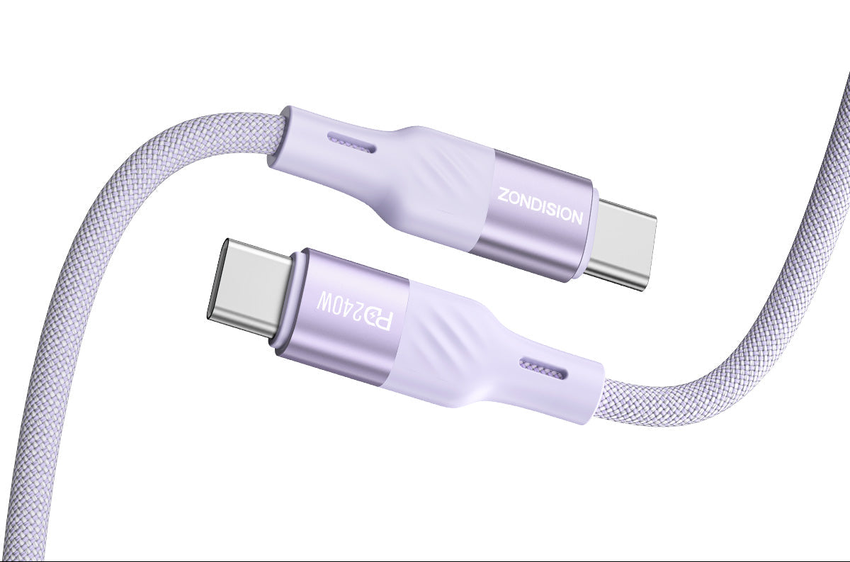 Close-up of the braided nylon body and soft-touch USB-C connectors on the 240W Soft-Touch cable