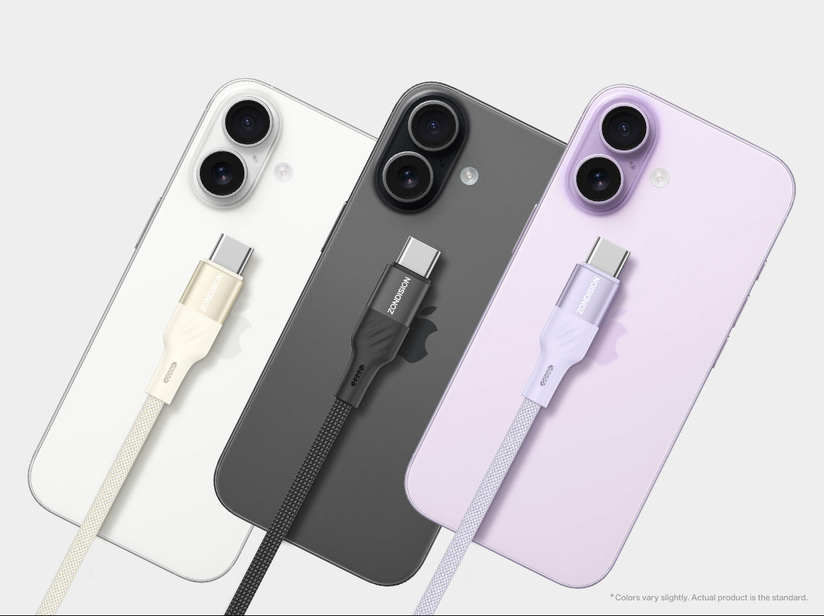240W Soft-Touch fast charging cable in three colorways matched to white, black and purple devices