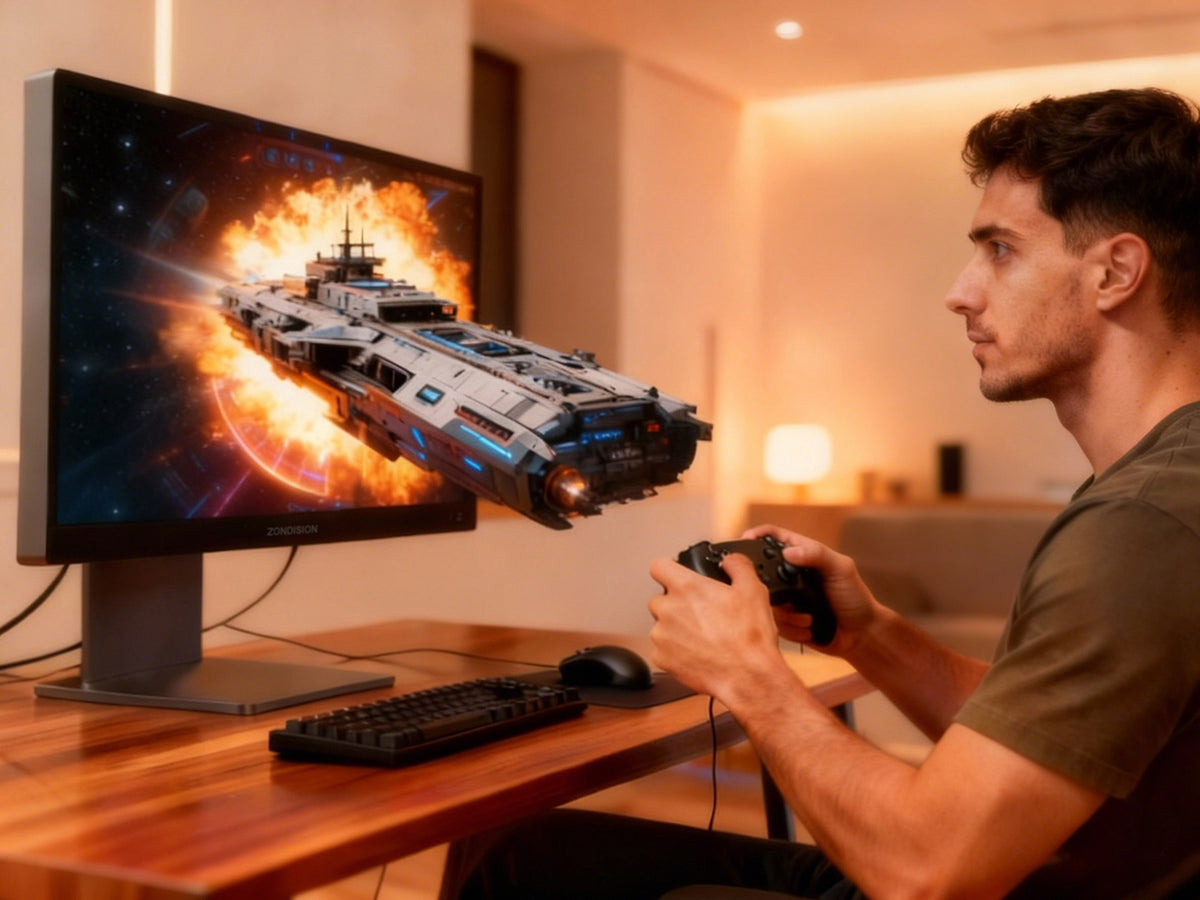 ZIMO A1 glasses-free 3D all-in-one PC showing an immersive 3D game scene in the Game Realm