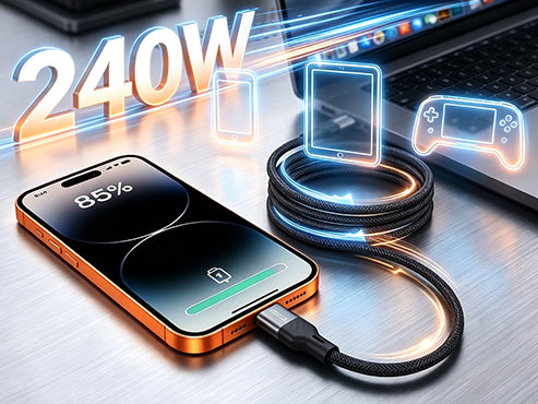 240W Soft-Touch fast charging cable powering a phone on a desk