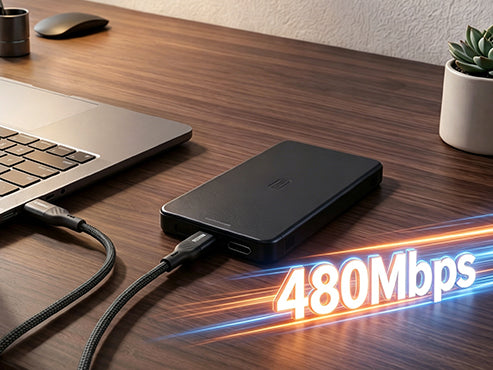 240W Soft-Touch fast charging cable transferring files between a laptop and an external drive at 480Mbps