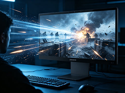ZIMO M1 glasses-free 3D monitor showing an immersive 3D game scene in the Game Realm